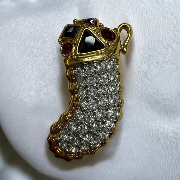 Swarovski Jewelry - Vintage Swarovski Swan Signed Gold Plated Colorful Christmas Stocking Brooch